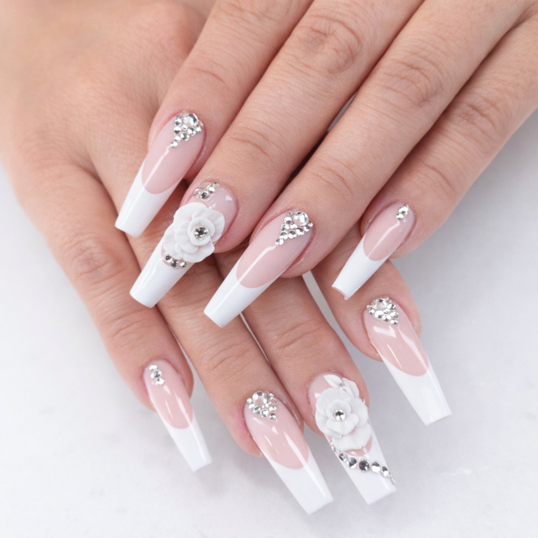 White camellia French bridal nails